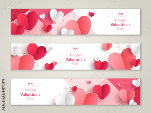Valentine's day concept, horizontal banners. Vector illustration. 3d red and pink paper hearts frame. Cute love sale banner or greeting card