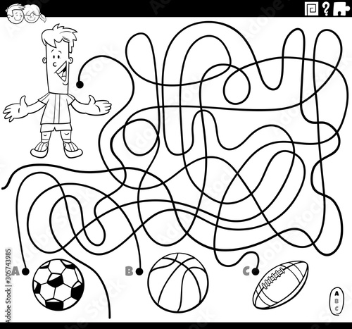maze game with boy and sport balls coloring page