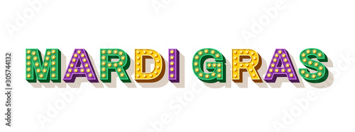 Mardi Gras typography design. Vector illustration. Retro light bulbs font