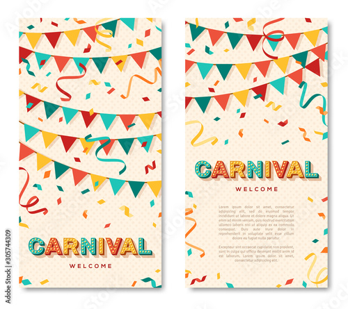 Carnival vertical banners with typography design. Vector illustration. Retro light bulbs font, streamers, confetti and hanging flag garlands.