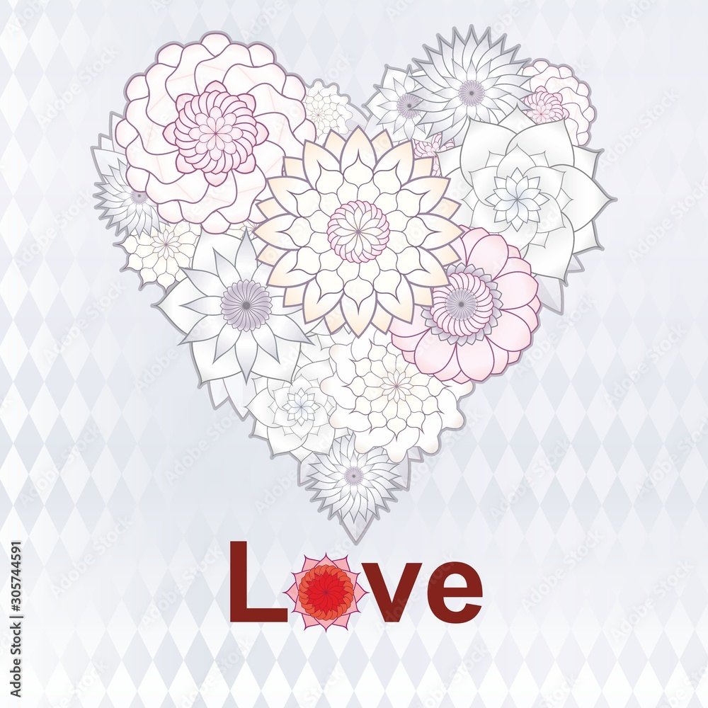 Vector template for greeting card, poster, greetings. A heart of white flowers and the word love Vector template for greeting card, poster, greetings. A heart of white flowers and the word love