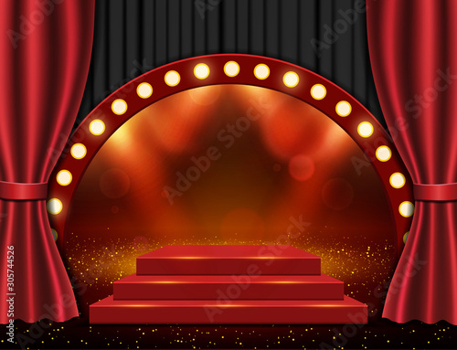 Background with red and black curtain and spotlights. Design for presentation, concert, show
