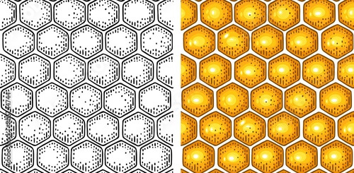 Honey Seamless Pattern with honeycomb. Vector engraving
