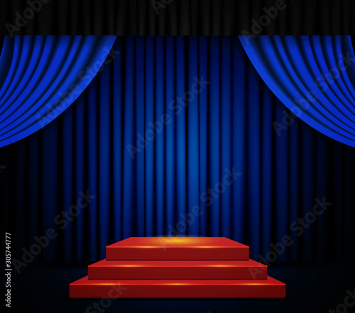 Empty scene with stage podium and red blue curtain