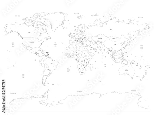 Political map of World with capital cities of countries. Handdrawn style. Vector illustration