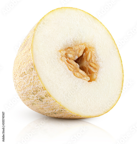 Half oval melon isolated on white background. Uzbek Russian melon half with clipping path. Full depth of field. photo