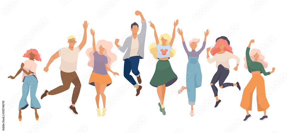 Group of young happy dancing people or male and female dancers isolated on white background. Modern flat illustration for web banner, marketing material, business presentation, online advertising. 