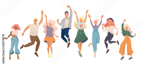 Group of young happy dancing people or male and female dancers isolated on white background. Modern flat illustration for web banner, marketing material, business presentation, online advertising. 