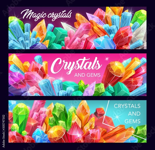 Gemstone, crystal and mineral rock vector banners of magic gems, precious stones and jewels. Pink quartz, diamond and amethyst, opal, emerald and sapphire, glass, citrine and topaz, geology themes