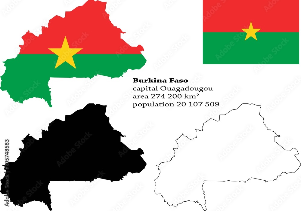 Fototapeta premium Burkina-Faso vector map, flag, borders, mask , capital, area and population infographic
