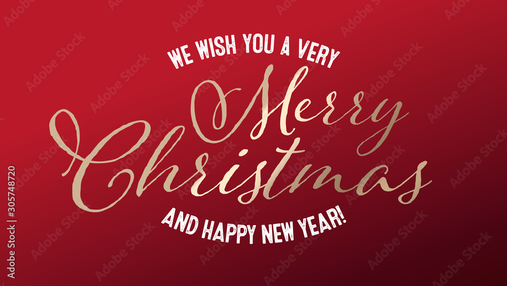 Merry Christmas Banner. Xmas handwritten calligraphy lettering. Greeting card header for poster, invitation, flyer. Script typography for winter holidays on red background.