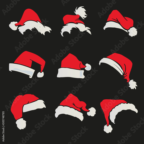 Santa Claus hats vector set on a black background. Cartoon style.