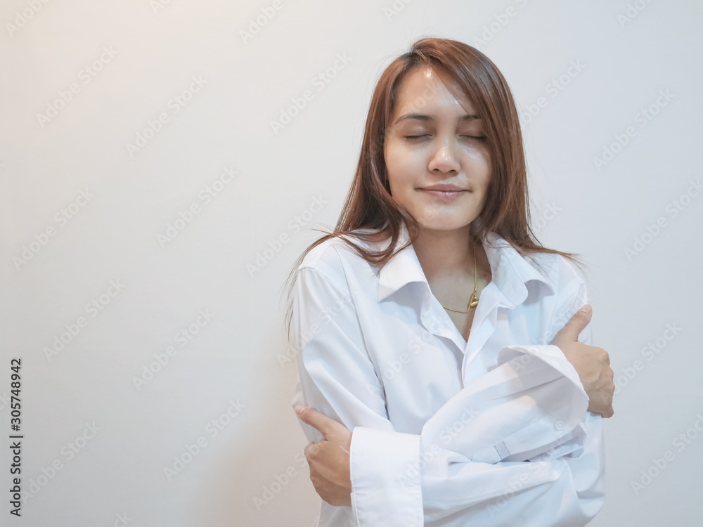 happy woman close up with white wall background happy woman close up with white wall background