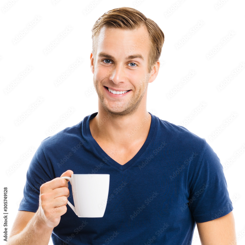 Cheerful handsome man with blank cup of coffee, with copyspace area for some text, isolated against white background. Caucasian male model in studio shoot. Cheerful handsome man with blank cup of coffee, with copyspace area for some text, isolated against white background. Caucasian male model in studio shoot.