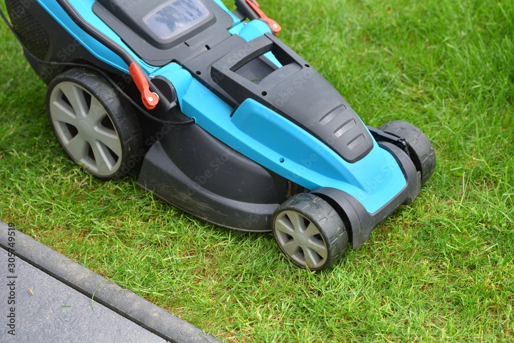 Fototapeta premium An electric lawn mower cuts the lawn near the edge and concrete curb. Close-up