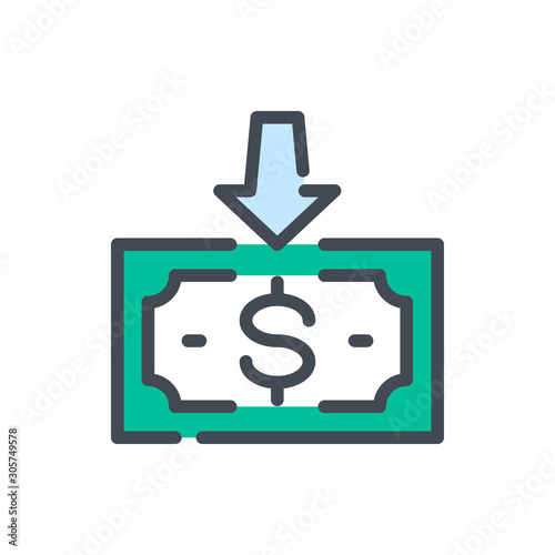 Receive money and cashback color line icon. Dollar note with arrow down vector outline colorful sign.