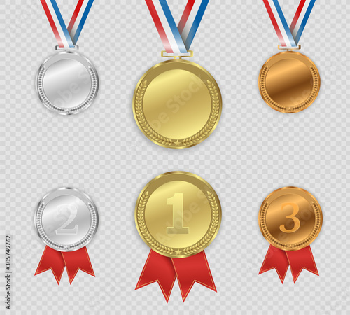 Champion medails with red ribbon. Banner. Winner award competition, prize medal and banner for text. Award medals isolated on transparent background. Vector illustration of winner concept.