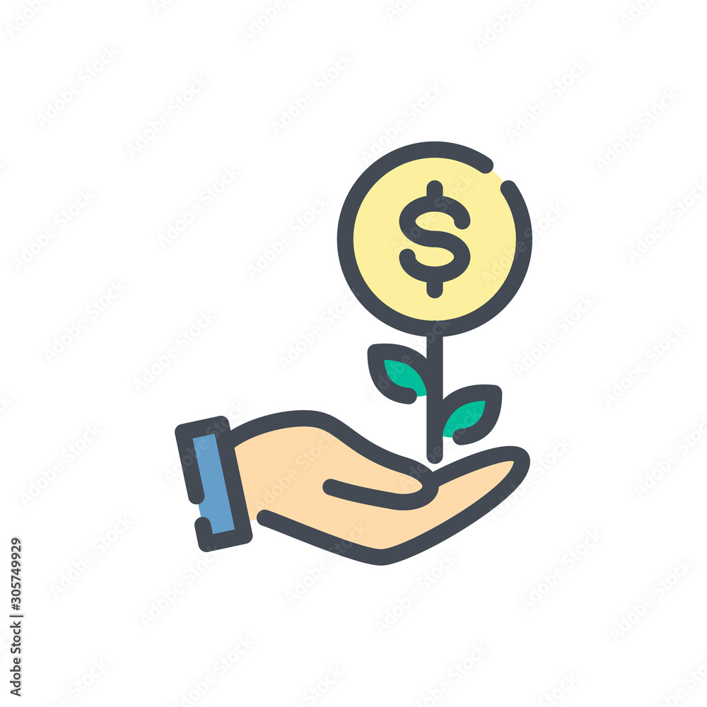 Financial investment and profit color line icon. Money plant growth with hand vector outline colorful sign. Financial investment and profit color line icon. Money plant growth with hand vector outline colorful sign.