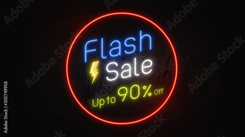 Flash sale 90%. Neon sign banner promo background. Concept of sale and clearance