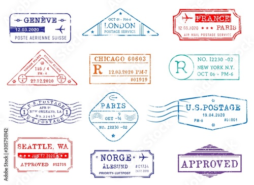 Airmail postage stamps with city and dates, vector icons. Post office delivery and customs approval stamps of London in Britain, Seattle and New York in USA, Paris France and Geneva in Switzerland
