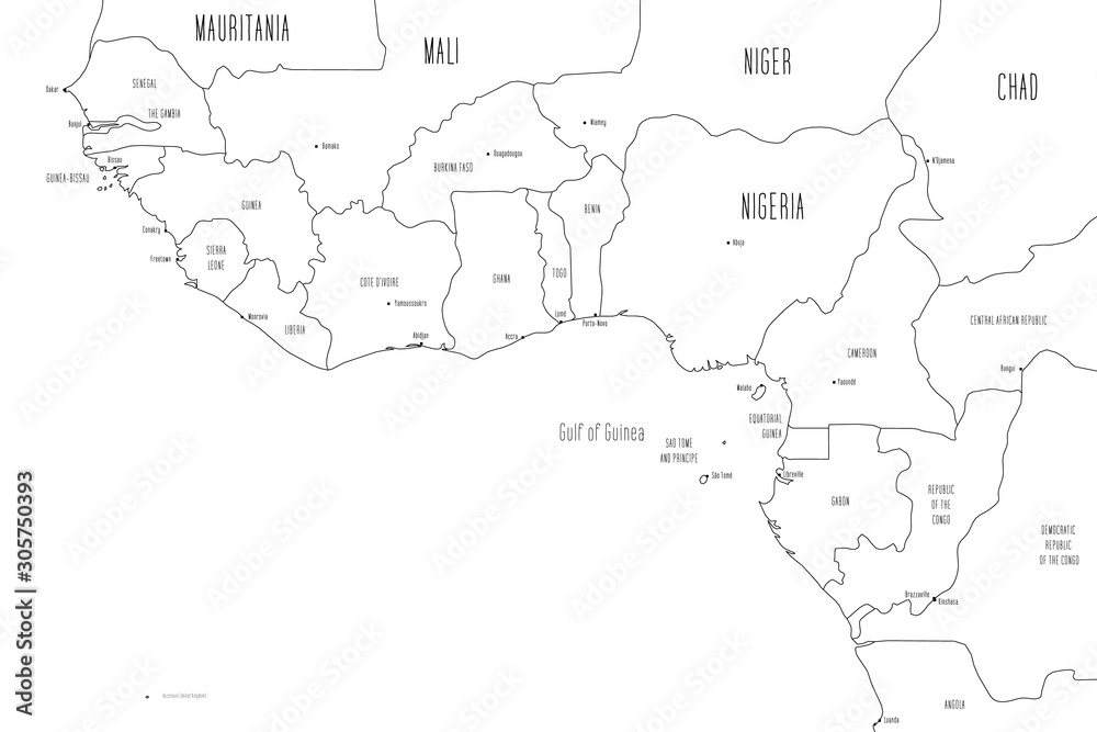 Map of Gulf of Guinea countries. Handdrawn doodle style. Vector illustration