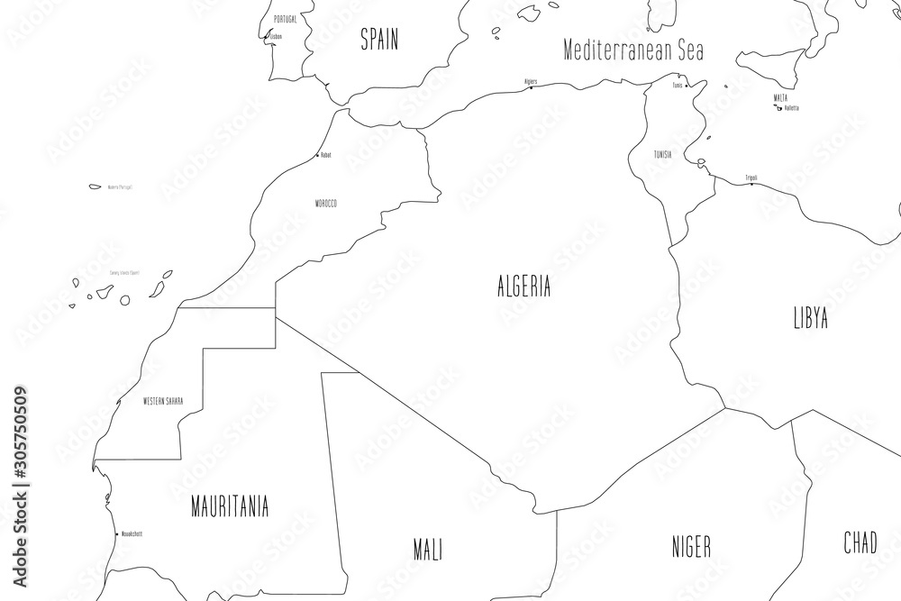 Map of North-western Africa. Handdrawn doodle style. Vector illustration