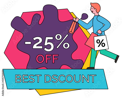 Best discounts and offers vector, isolated geometric shapes. Man hurrying holding bag with percentage. Sale and special proposition at market for shoppers. Character happy to get 25 percent off