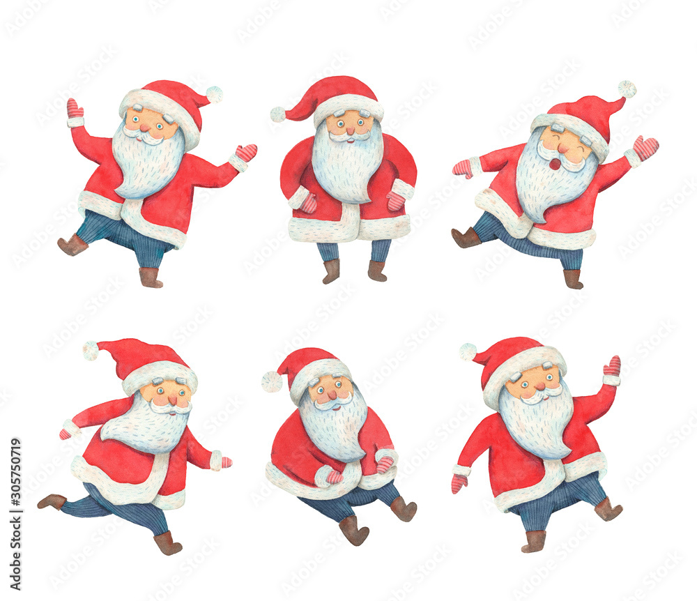 Collage Santa Claus watercolor illustration. Santa Claus in different poses. Happy new year illustration. Christmas fun costume character. Holiday traditional items.