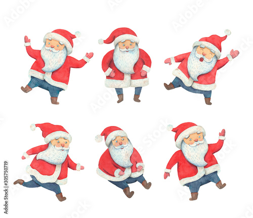 Collage Santa Claus watercolor illustration. Santa Claus in different poses. Happy new year illustration. Christmas fun costume character. Holiday traditional items. © KattarinaPo