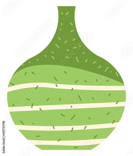 Green striped vase isolated on white vector illustration. Crockery decorative jar with waves ornament, color pot in flat style design, ceramic flowerpot