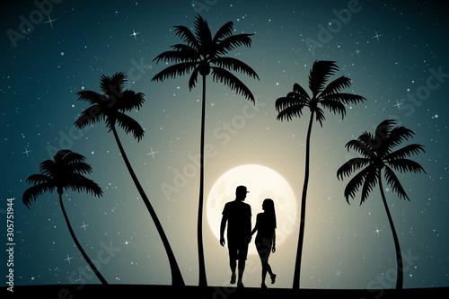 Two lovers walk on palm beach on moonlit night. Vector illustration with silhouettes of loving couple and tropical trees. Full moon in starry sky