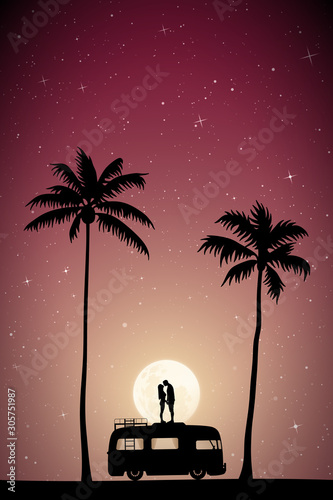 Lovers on roof of retro car on moonlit night. Vector illustration with silhouette of couple on palm beach. Family road trip. Full moon in starry sky