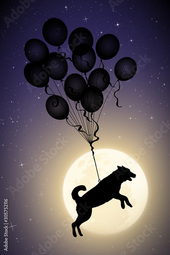 Dog flying on balloons on moonlit night. Funny vector illustration with silhouette of animal in sky. Full moon in starry sky