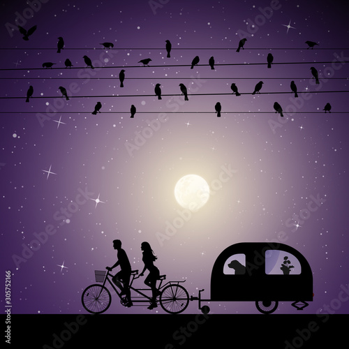 Lovers on bike tandem under birds on wires on moonlit night. Vector illustration with silhouettes of people traveling with camper trailer. Family road trip. Full moon in starry sky