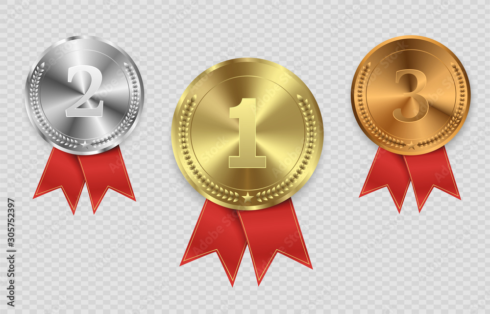 Champion medails with red ribbon. Banner. Winner award competition, prize medal and banner for text. Award medals isolated on transparent background. Vector illustration of winner concept. Champion medails with red ribbon. Banner. Winner award competition, prize medal and banner for text. Award medals isolated on transparent background. Vector illustration of winner concept.
