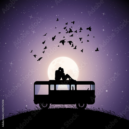 Lovers on roof of retro car on moonlit night. Vector illustration with silhouette of couple sitting under flock of flying birds. Family road trip. Full moon in starry sky
