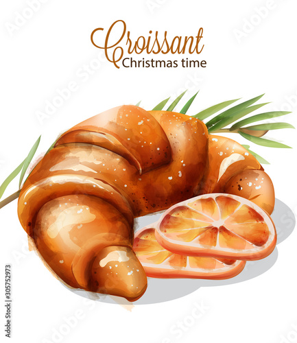 Big croissant with orange slices. Fir tree leaves decoration. Christmas desse...
