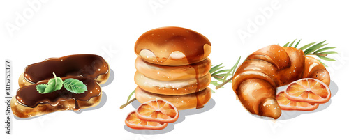 Christmas desserts set. Pancakes dripping with syrup, eclairs with chocolate glaze and croissant with orange slices. Fir tree leaves