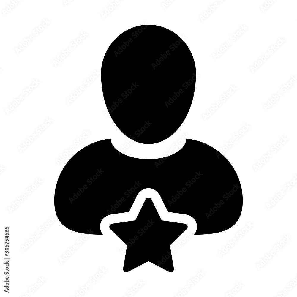 Bookmark icon vector with star male user person profile avatar symbol for rating in a glyph pictogram illustration