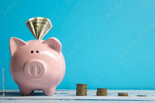 Obraz na płótnie Piggy bank and golden coin. Savings and finance concept