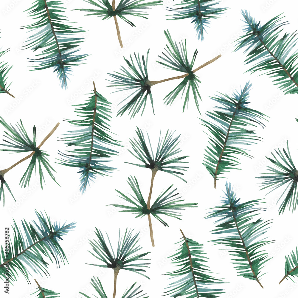 New year watercolor seamless pattern with spruce branches on a white background.