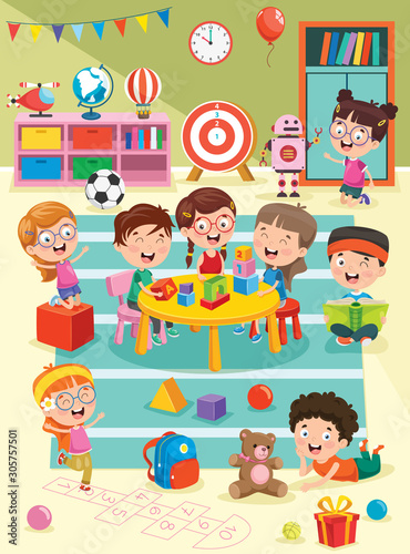 Little Children Studying And Playing At Preschool Classroom
