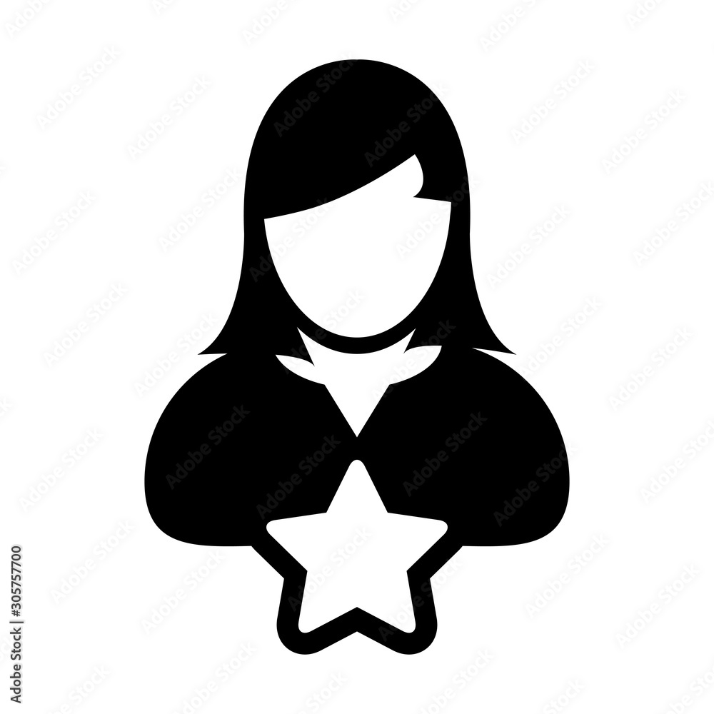 Customer icon vector with star female user person profile avatar symbol for rating in a glyph pictogram illustration Customer icon vector with star female user person profile avatar symbol for rating in a glyph pictogram illustration