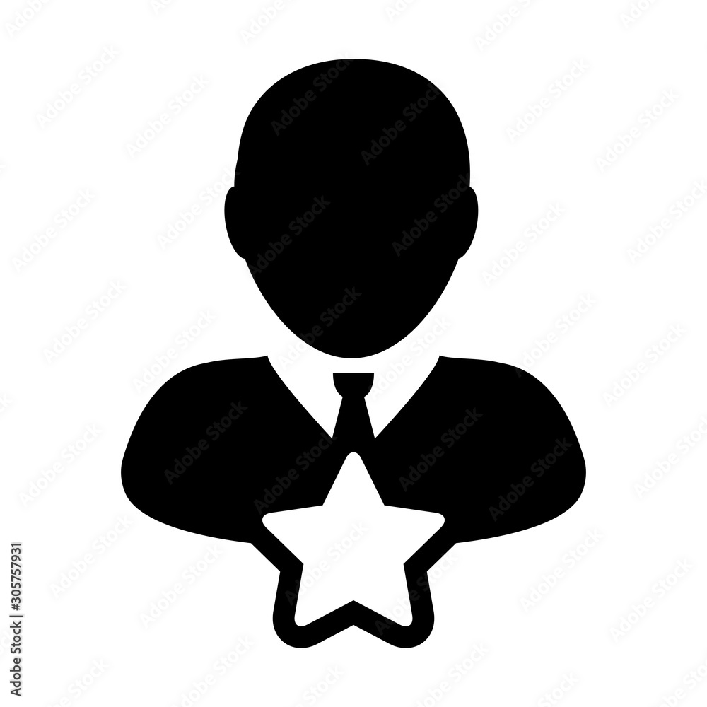 Favorite icon vector with star male user person profile avatar symbol for rating in a glyph pictogram illustration Favorite icon vector with star male user person profile avatar symbol for rating in a glyph pictogram illustration