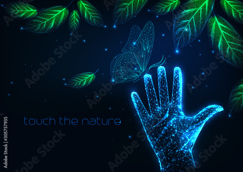 Futuristic people nature connection concept with night landscape with leaves, butterfly, human hand