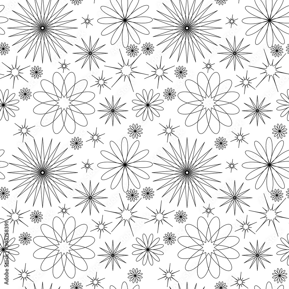 Vector seamless background with black flower elements on white background