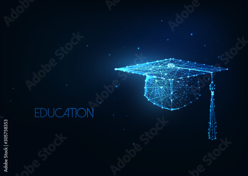 Futuristic education concept with glowing low polygonal graduation hat on dark blue background. photo