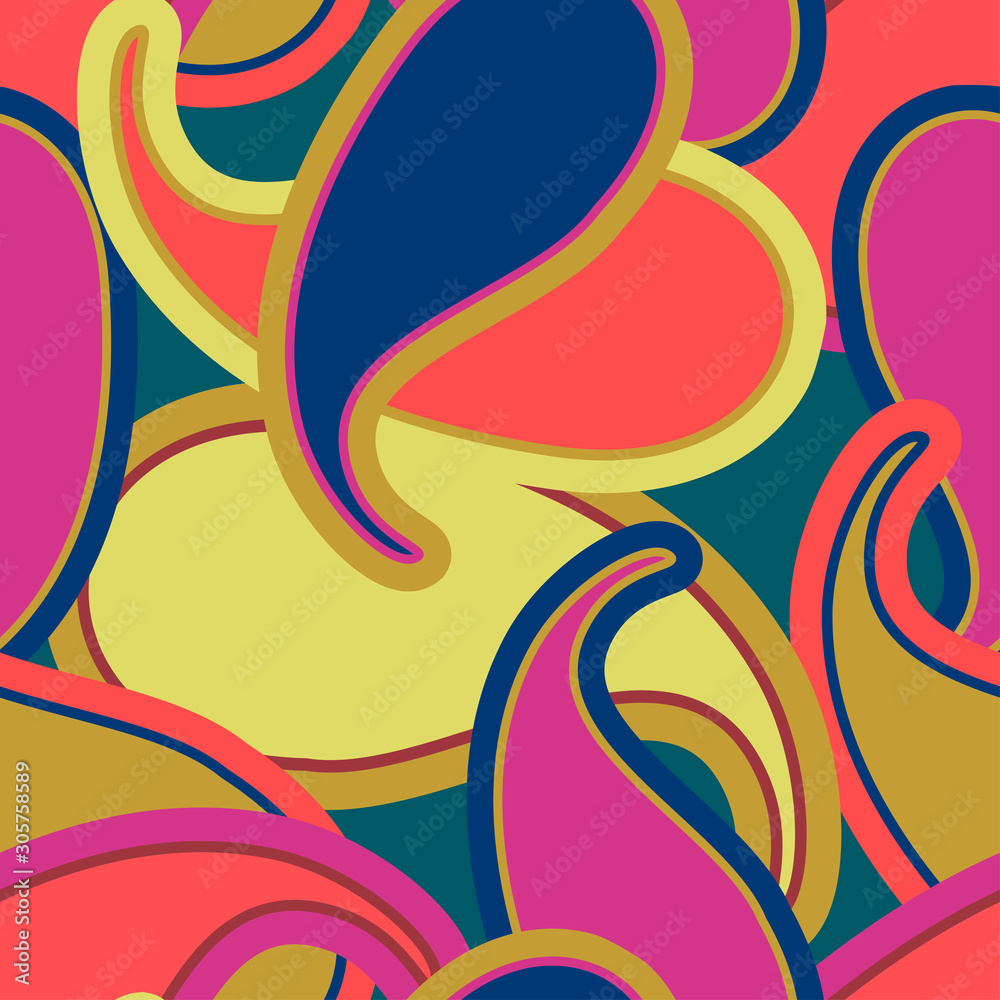 Modern seamless vector with decorative abstract shapes in jewel-tone. Can be used for printing on paper, stickers, badges, bijouterie, cards, textiles. 