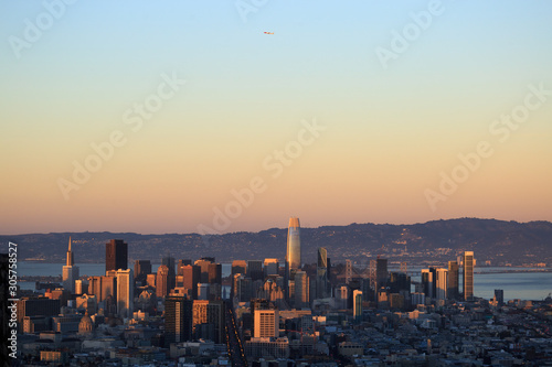 Sunset on Twin Peaks and view of downtown San Francisco