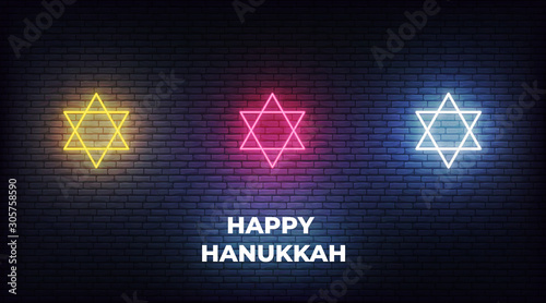 Happy Hanukkah. Neon Stars of David Jewish sign decorations for Chanukah